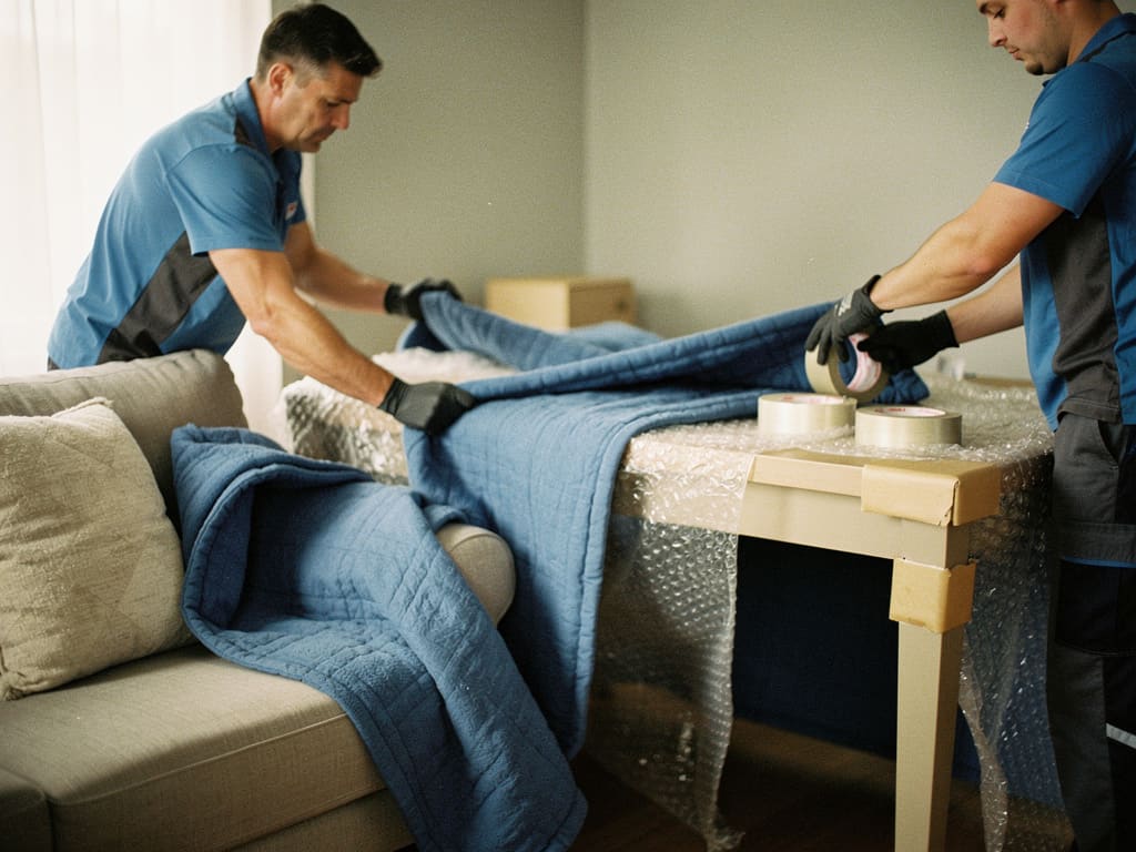 Protezione accurata dei mobili con coperte e materiali da imballaggio